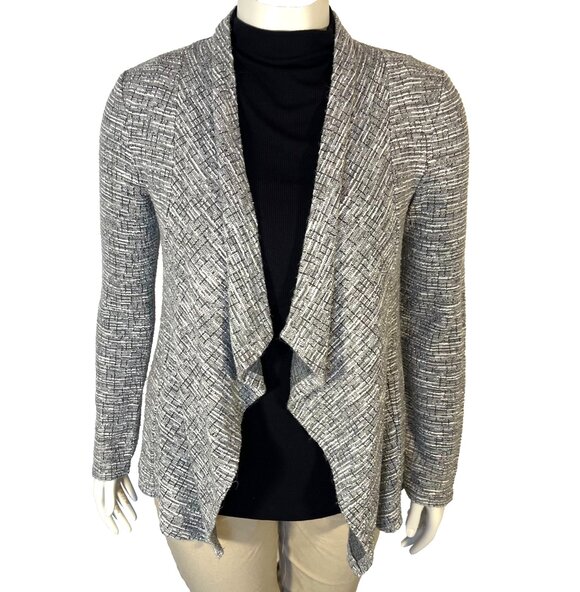 LOFT Cardigan Sweater Jacket Womens M Gray White Tweed Bouclé Open Front - Picture 2 of 12